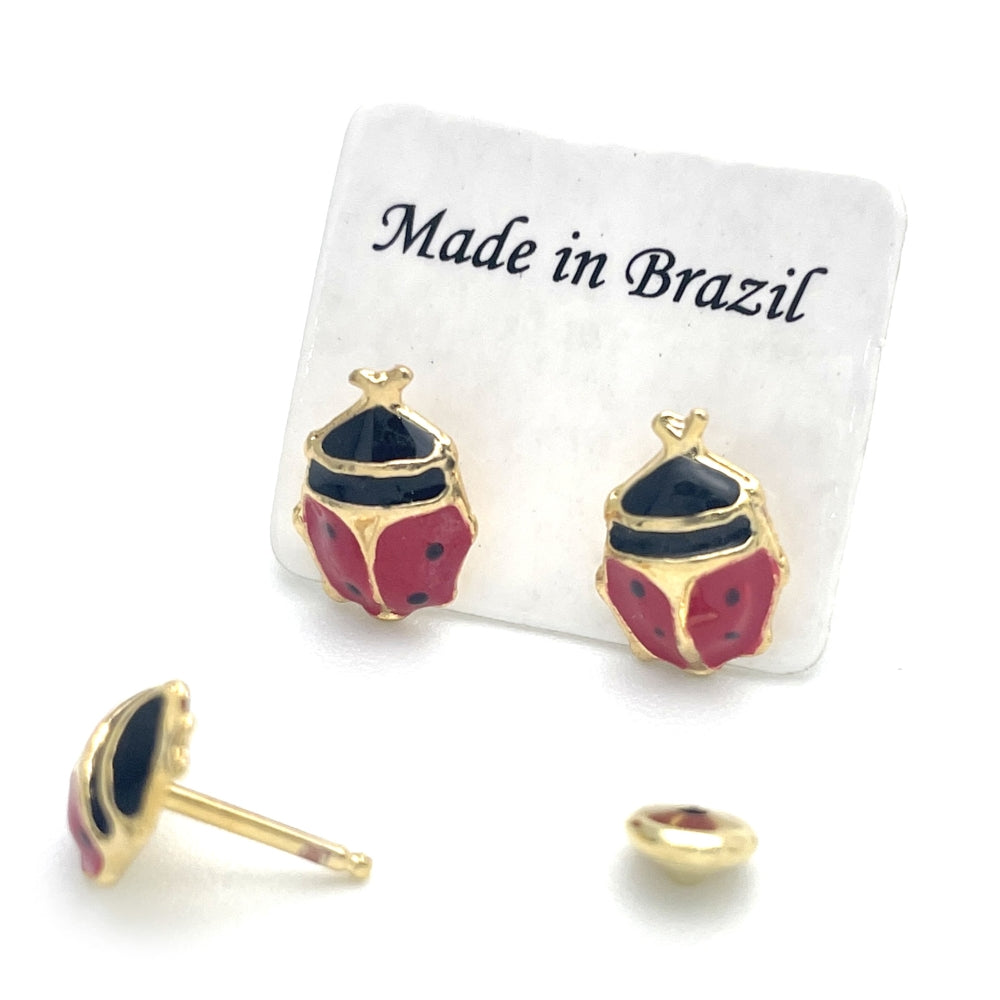 Oro Laminado Stud Earring, Gold Filled Style Ladybug Design, Red Enamel Finish, Golden Finish