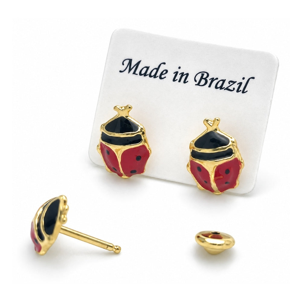 Oro Laminado Stud Earring, Gold Filled Style Ladybug Design, Red Enamel Finish, Golden Finish