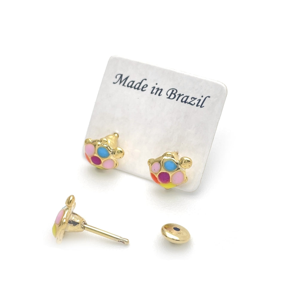 Oro Laminado Stud Earring, Gold Filled Style Turtle Design, Multicolor Enamel Finish, Golden Finish