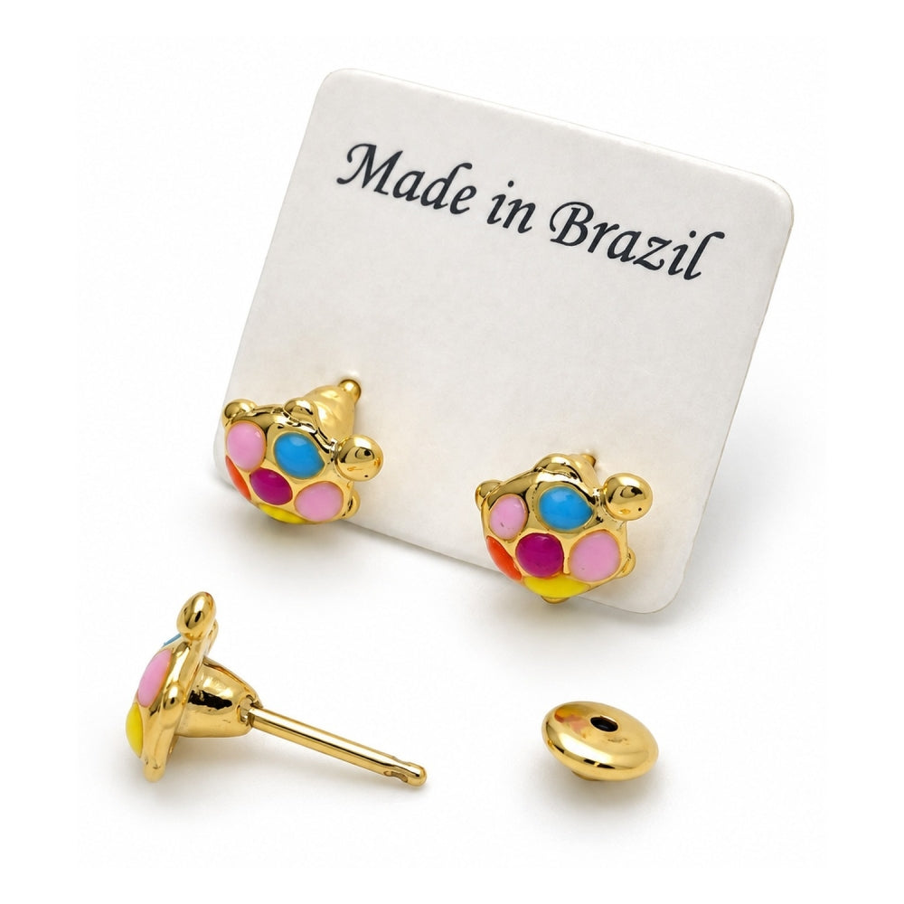Oro Laminado Stud Earring, Gold Filled Style Turtle Design, Multicolor Enamel Finish, Golden Finish