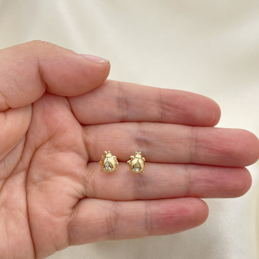 Oro Laminado Stud Earring, Gold Filled Style Ladybug Design, with White Crystal, Multicolor Polished, Golden Finish