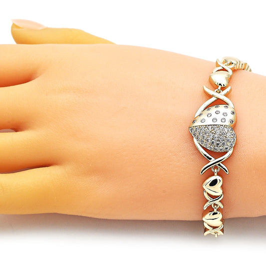 Oro Laminado Fancy Bracelet, Gold Filled Style Hugs and Kisses and Heart Design, with White Micro Pave and White Cubic Zirconia, Polished, Golden Finish