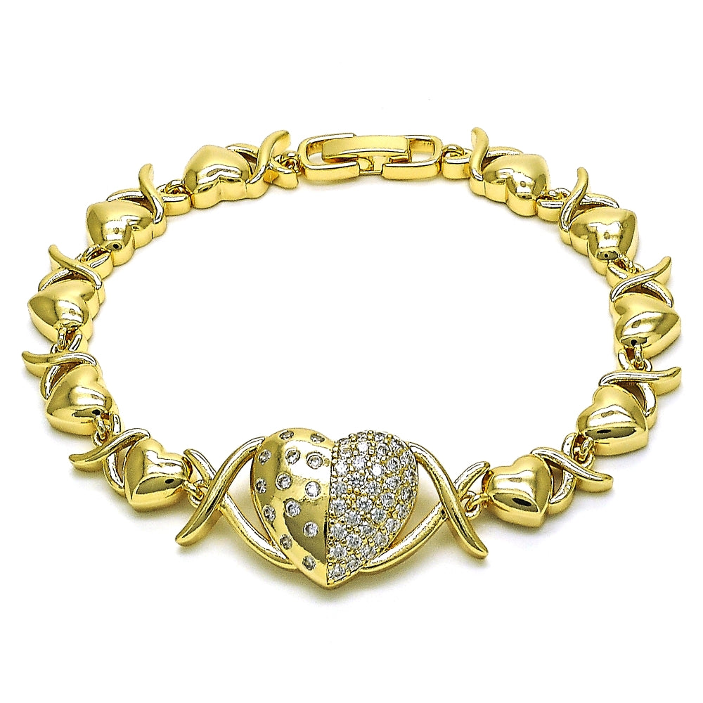 Oro Laminado Fancy Bracelet, Gold Filled Style Hugs and Kisses and Heart Design, with White Micro Pave and White Cubic Zirconia, Polished, Golden Finish