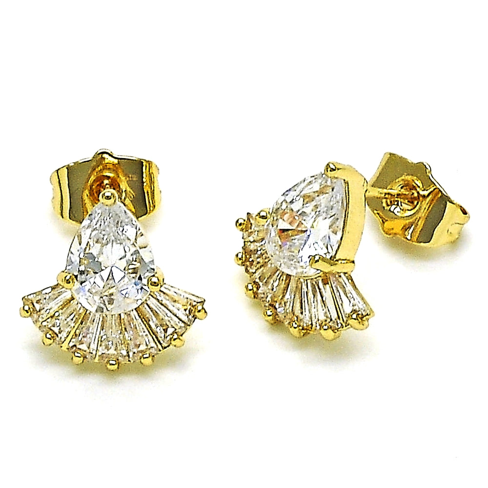 Oro Laminado Stud Earring, Gold Filled Style Teardrop and Baguette Design, with White Cubic Zirconia, Polished, Golden Finish