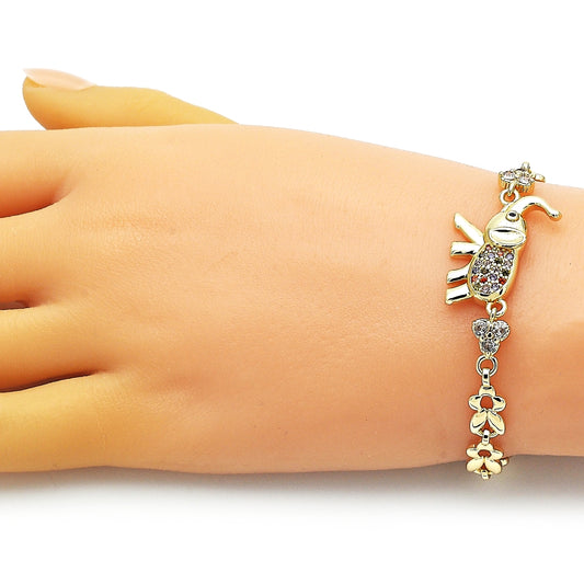 Oro Laminado Fancy Bracelet, Gold Filled Style Elephant and Leaf Design, with Multicolor Micro Pave and White Cubic Zirconia, Polished, Golden Finish