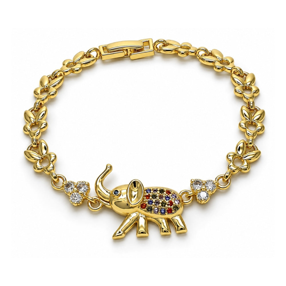 Oro Laminado Fancy Bracelet, Gold Filled Style Elephant and Leaf Design, with Multicolor Micro Pave and White Cubic Zirconia, Polished, Golden Finish