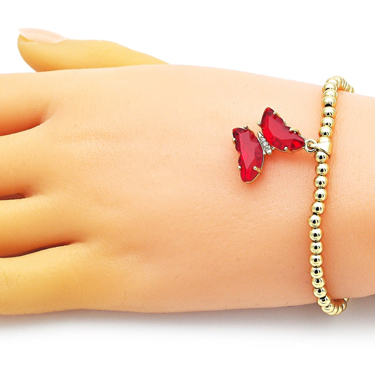 Oro Laminado Fancy Bracelet, Gold Filled Style Expandable Bead and Butterfly Design, with Light Siam Crystal and White Micro Pave, Polished, Golden Finish