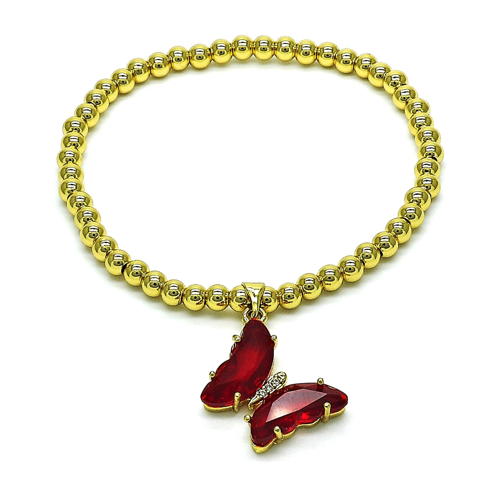 Oro Laminado Fancy Bracelet, Gold Filled Style Expandable Bead and Butterfly Design, with Light Siam Crystal and White Micro Pave, Polished, Golden Finish
