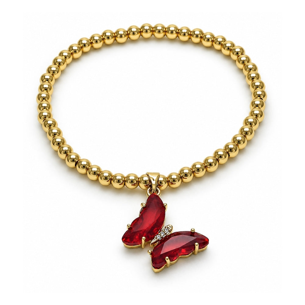 Oro Laminado Fancy Bracelet, Gold Filled Style Expandable Bead and Butterfly Design, with Light Siam Crystal and White Micro Pave, Polished, Golden Finish