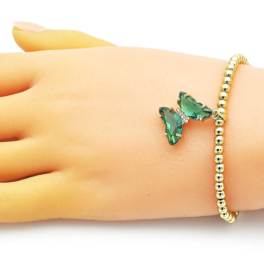 Oro Laminado Fancy Bracelet, Gold Filled Style Expandable Bead and Butterfly Design, with Emerald Crystal and White Micro Pave, Polished, Golden Finish