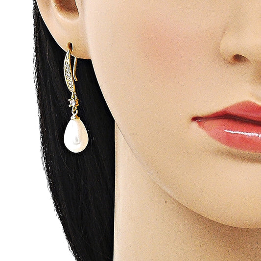 Oro Laminado Long Earring, Gold Filled Style Teardrop Design, with Ivory Pearl and White Cubic Zirconia, Polished, Golden Finish