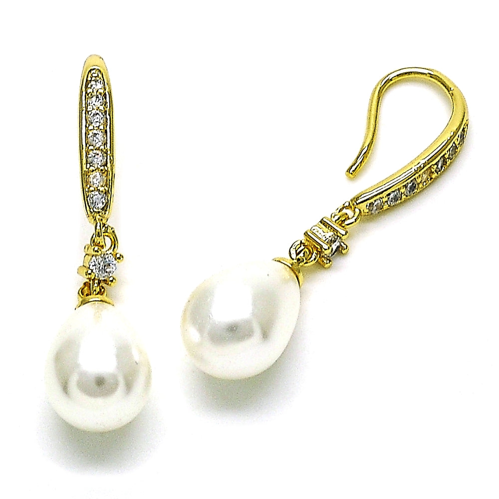 Oro Laminado Long Earring, Gold Filled Style Teardrop Design, with Ivory Pearl and White Cubic Zirconia, Polished, Golden Finish