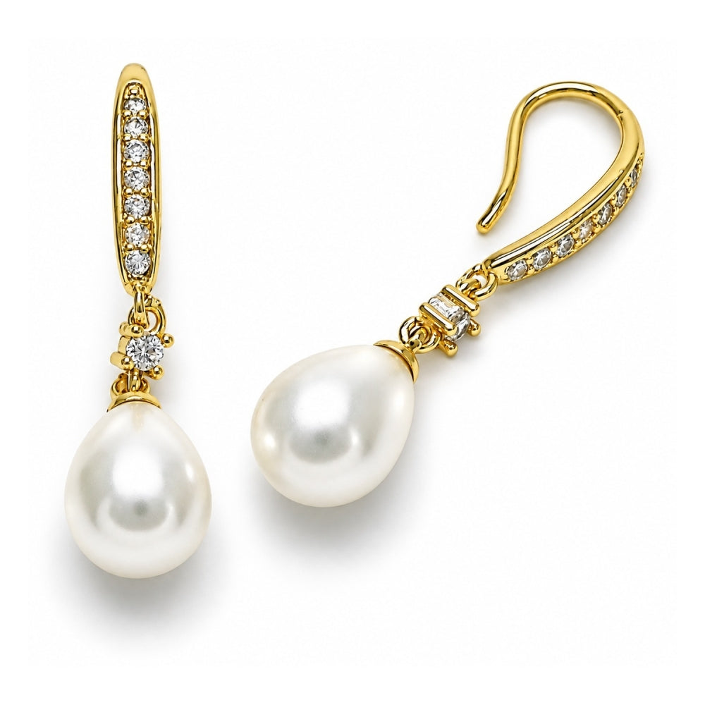 Oro Laminado Long Earring, Gold Filled Style Teardrop Design, with Ivory Pearl and White Cubic Zirconia, Polished, Golden Finish