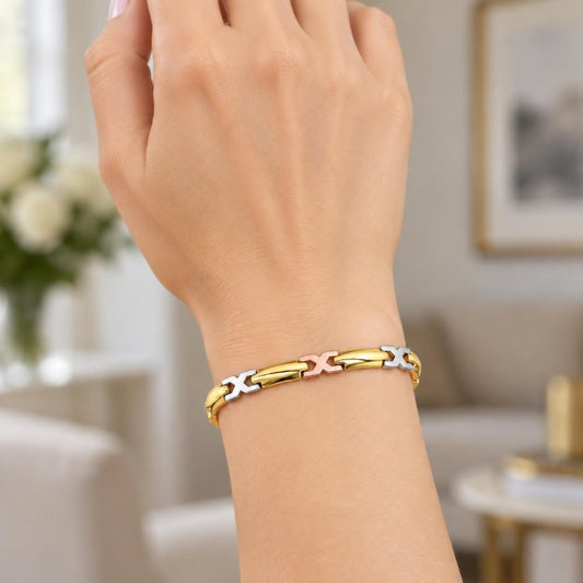Oro Laminado Solid Bracelet, Gold Filled Style Polished, Tricolor