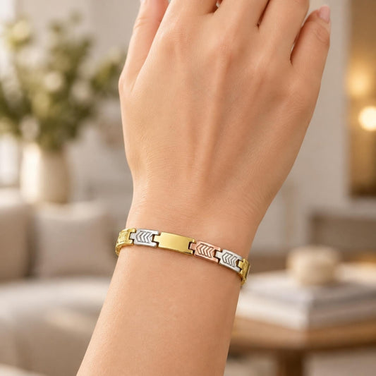 Oro Laminado Solid Bracelet, Gold Filled Style Polished, Tricolor