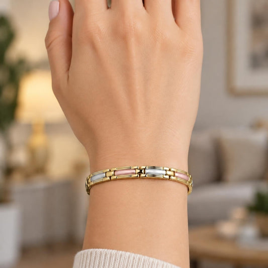 Oro Laminado Solid Bracelet, Gold Filled Style Polished, Tricolor
