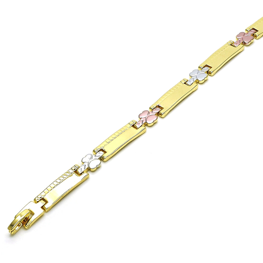 Oro Laminado Solid Bracelet, Gold Filled Style Butterfly Design, Polished, Tricolor