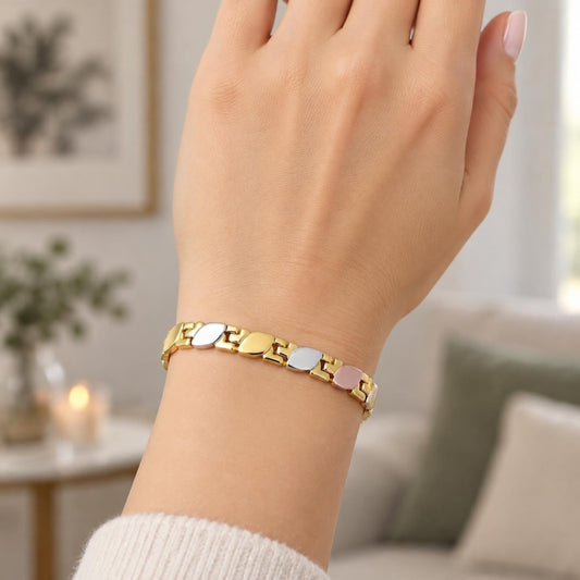 Oro Laminado Solid Bracelet, Gold Filled Style Polished, Tricolor