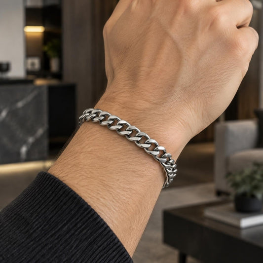 Stainless Steel Basic Bracelet, Miami Cuban Design, Polished, Raw