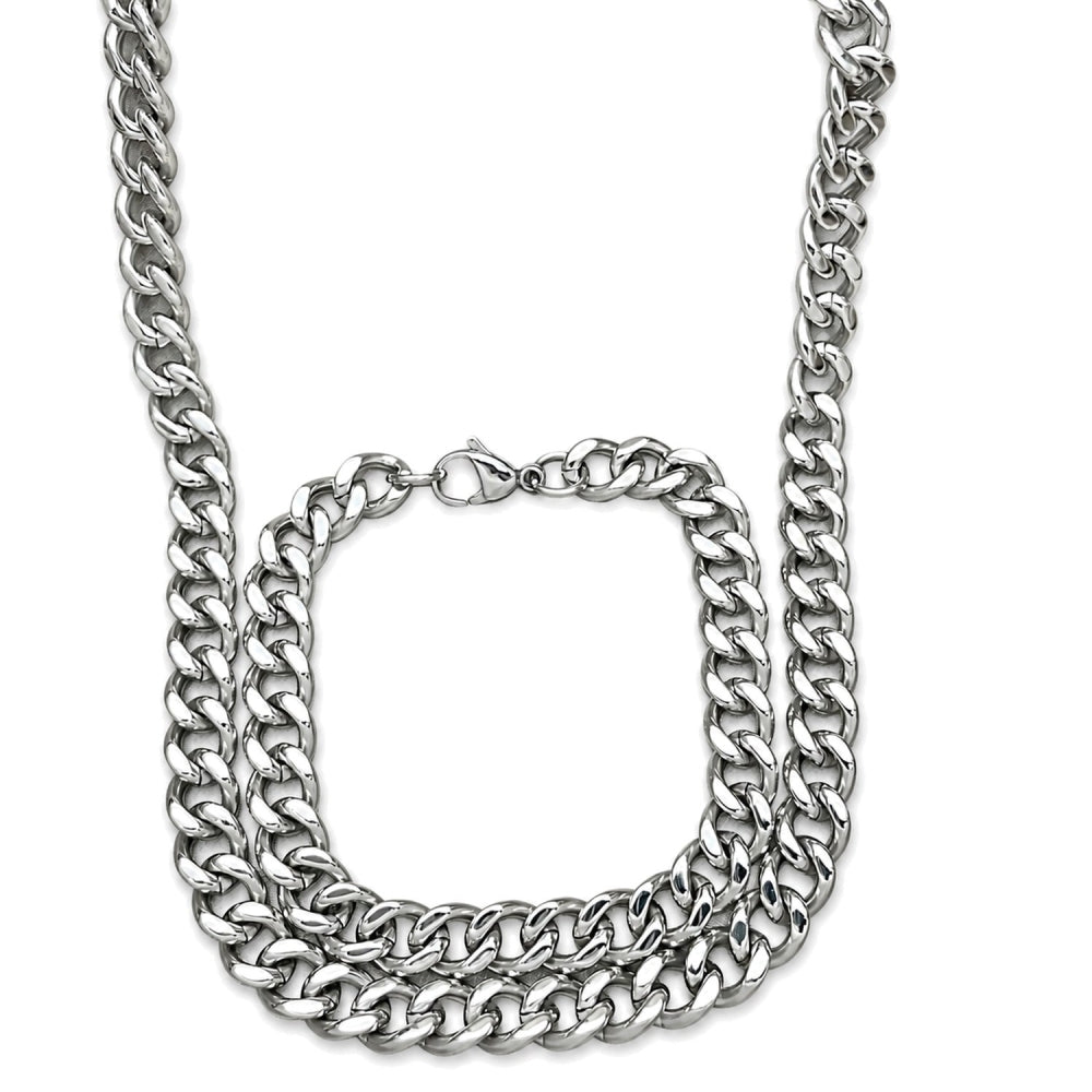 Stainless Steel Necklace and Bracelet, Miami Cuban Design, Polished, Raw