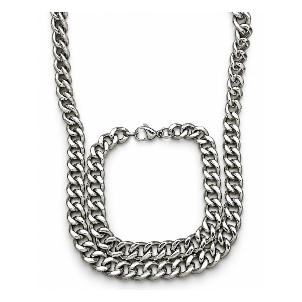Stainless Steel Necklace and Bracelet, Miami Cuban Design, Polished, Raw
