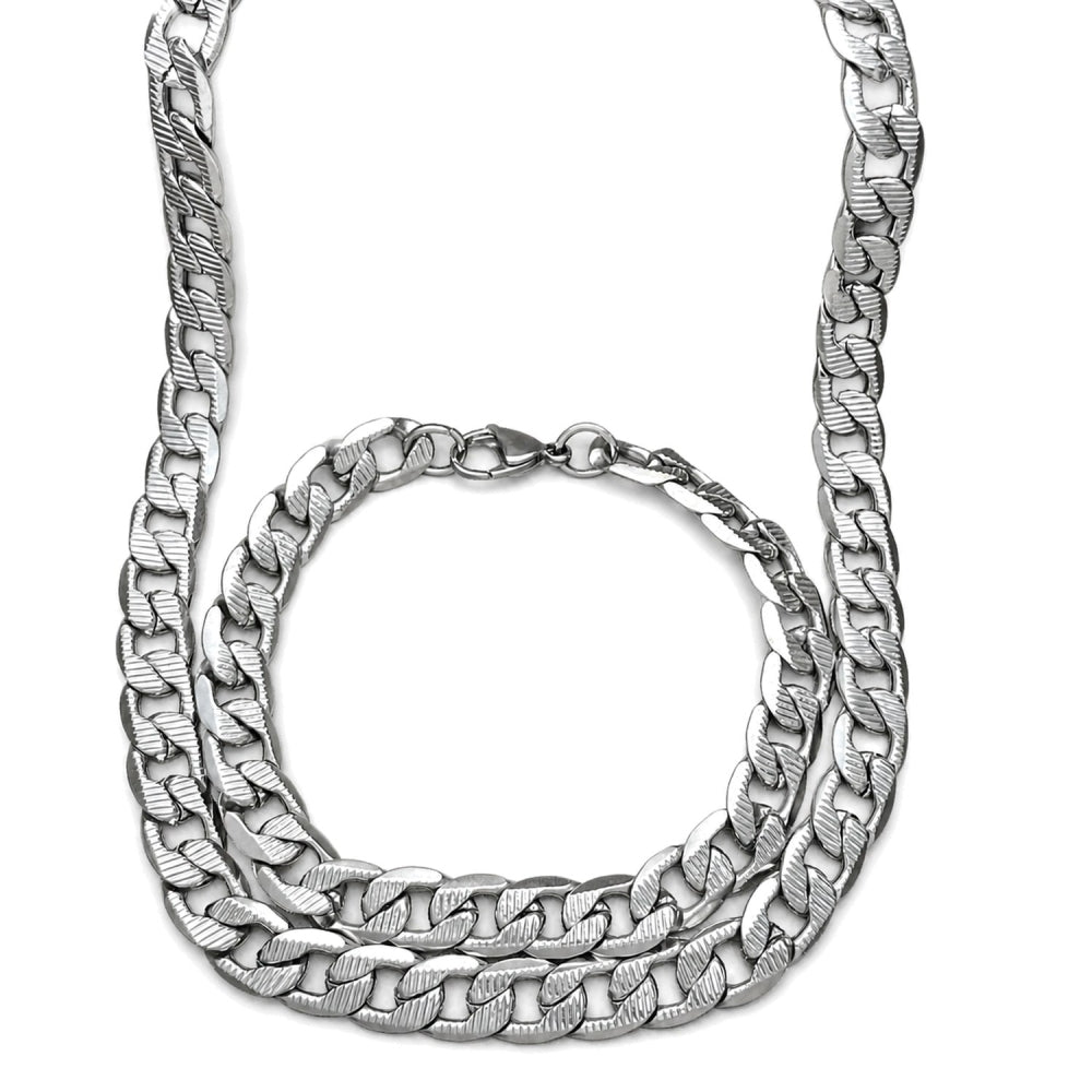 Stainless Steel Necklace and Bracelet, Pave Cuban Design, Diamond Cutting Finish, Raw