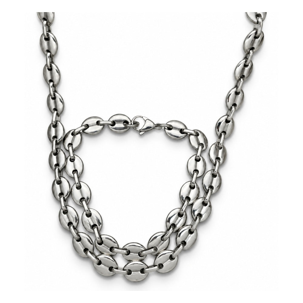 Stainless Steel Necklace and Bracelet, Puff Mariner Design, Polished, Raw