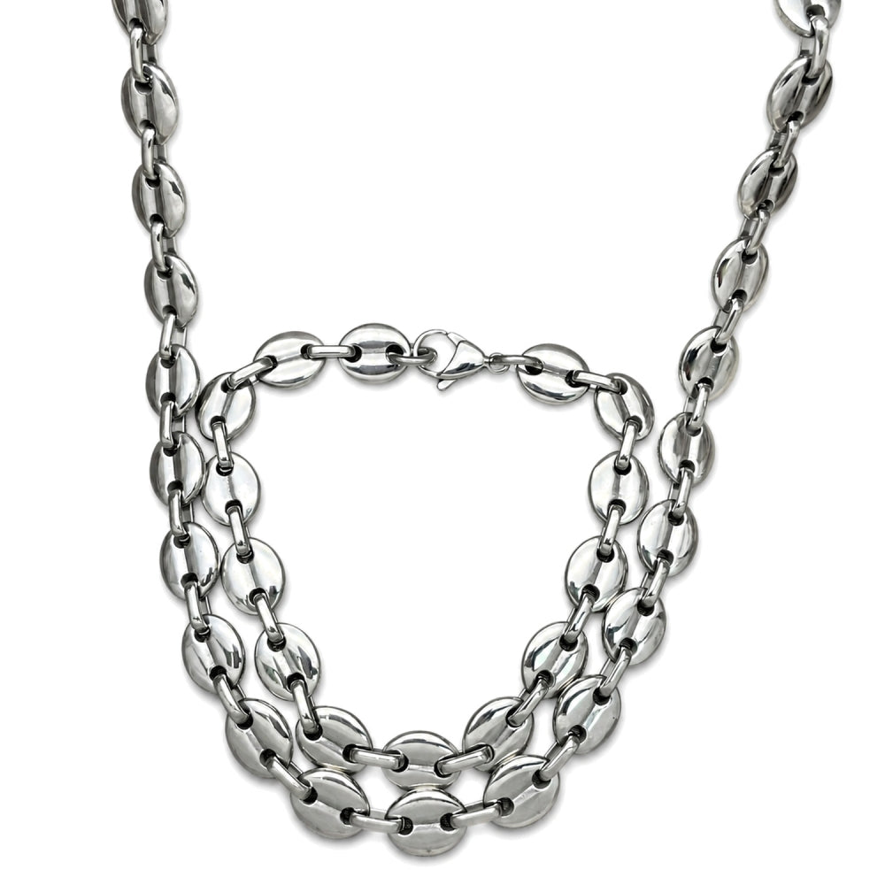 Stainless Steel Necklace and Bracelet, Puff Mariner Design, Polished, Raw