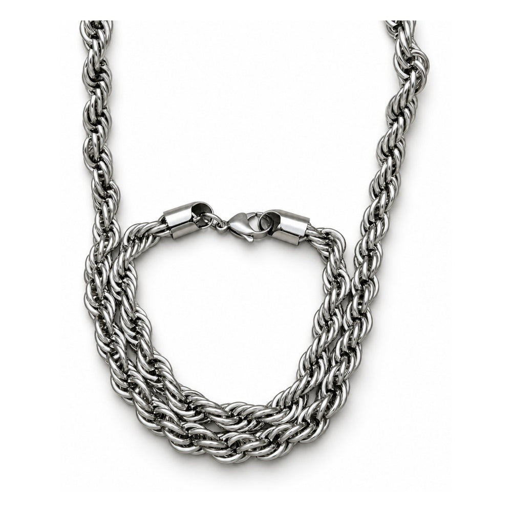 Stainless Steel Necklace and Bracelet, Rope Design, Polished, Raw