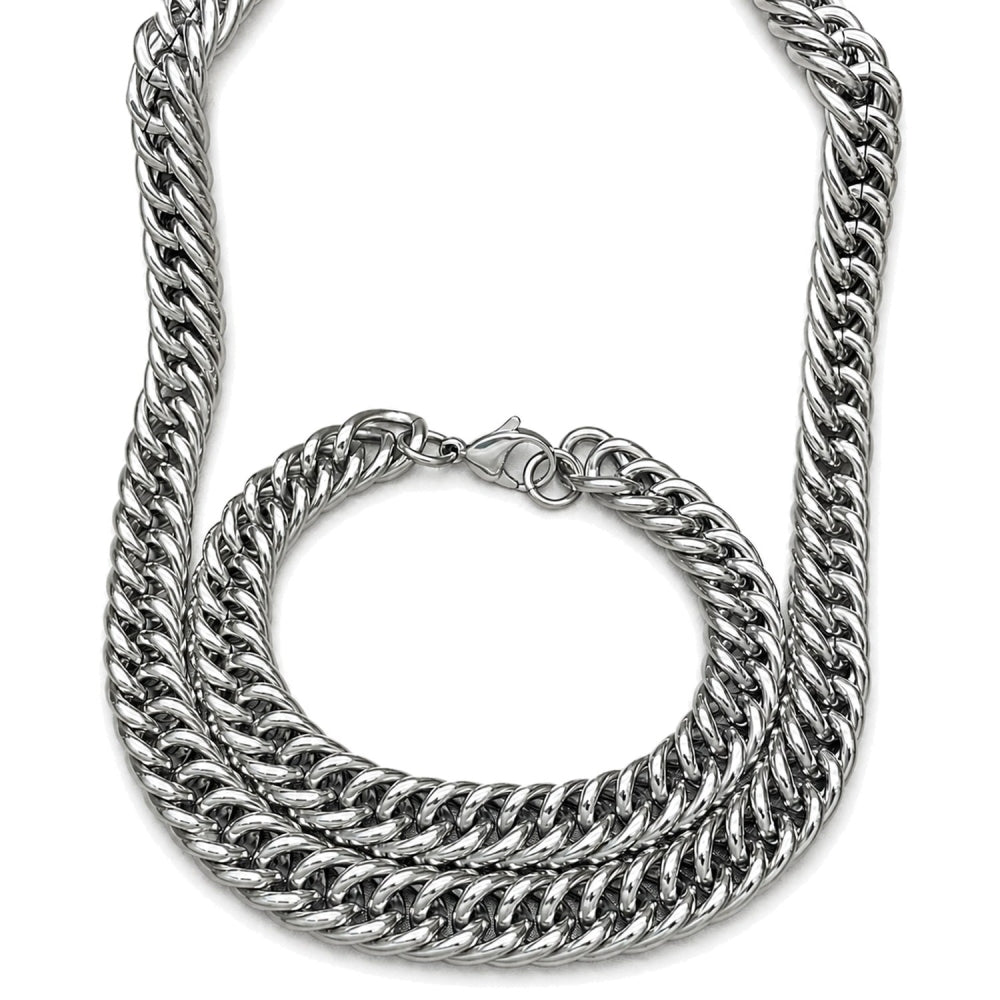 Stainless Steel Necklace and Bracelet, Miami Cuban Design, Polished, Raw