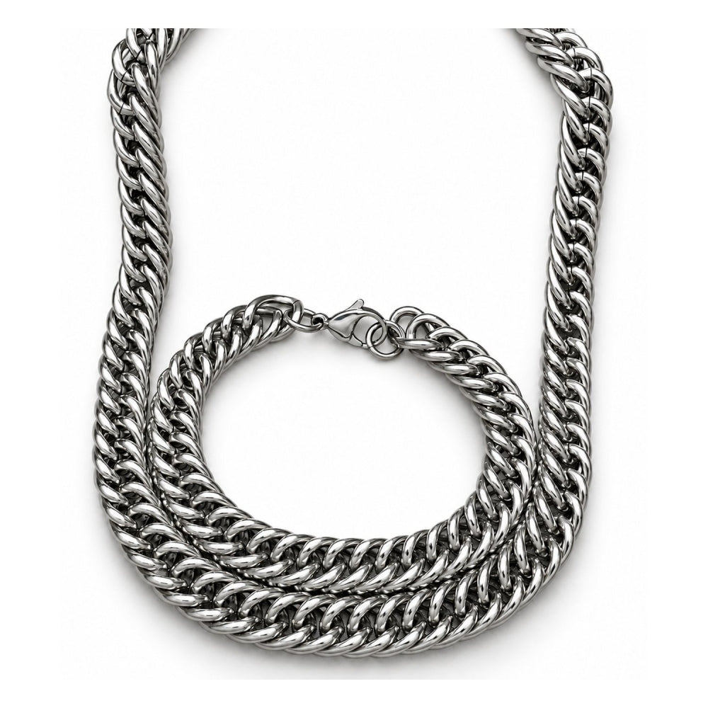 Stainless Steel Necklace and Bracelet, Miami Cuban Design, Polished, Raw