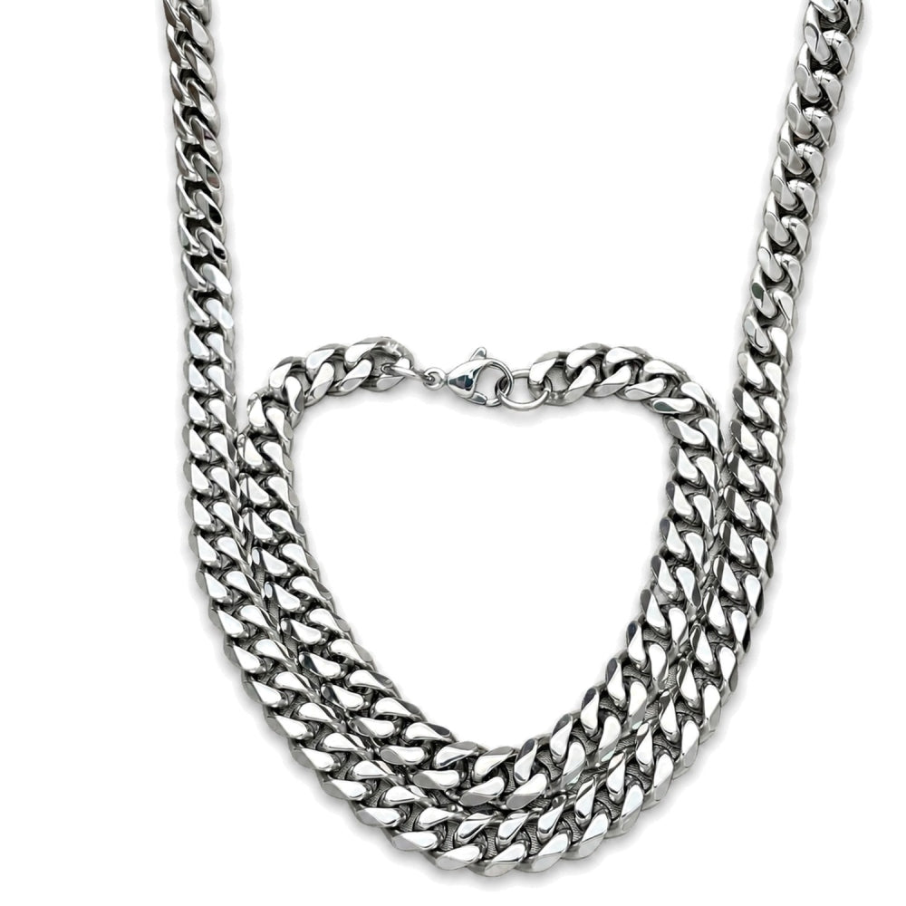 Stainless Steel Necklace and Bracelet, Concave Cuban Design, Polished, Raw