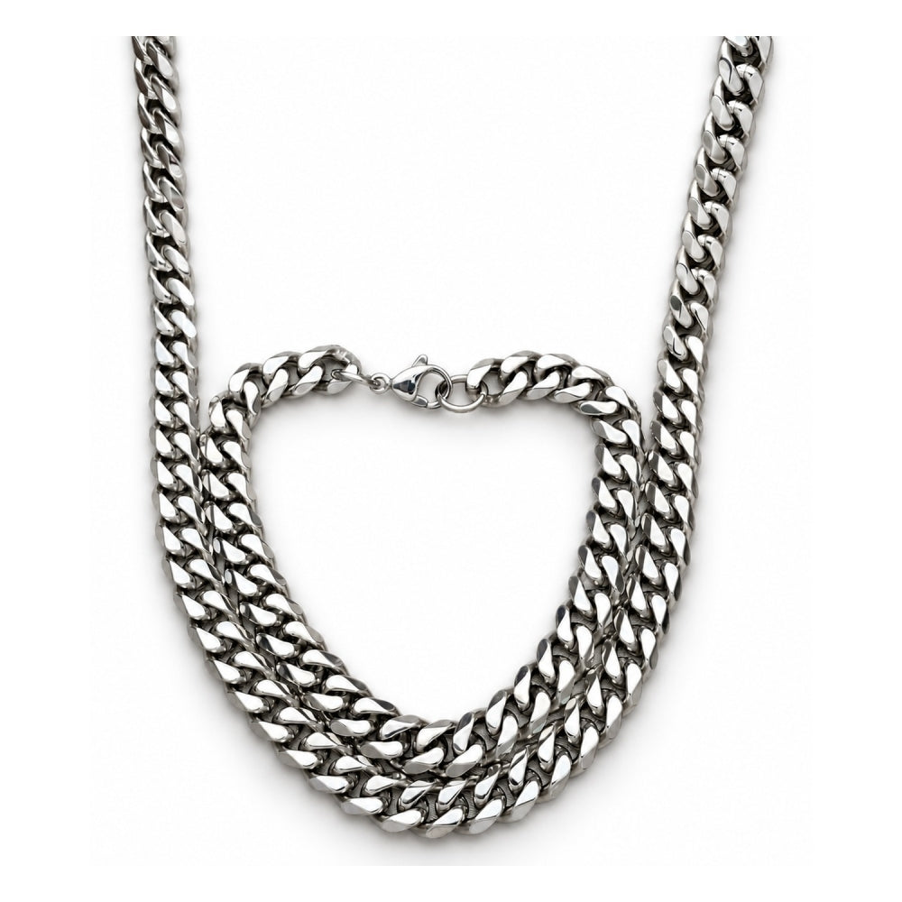Stainless Steel Necklace and Bracelet, Concave Cuban Design, Polished, Raw