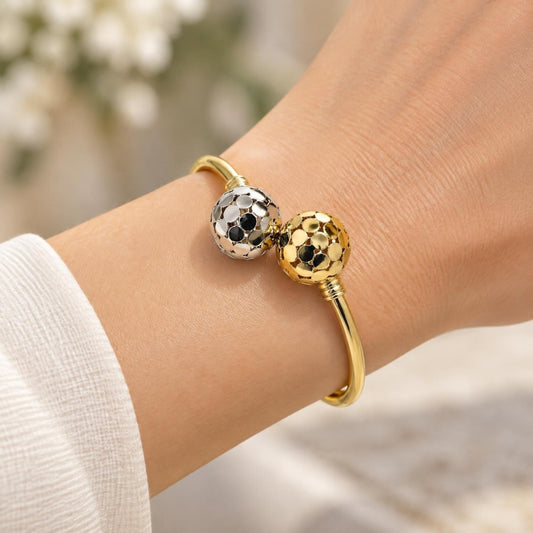 Oro Laminado Individual Bangle, Gold Filled Style Ball and Disco Design, Polished, Two Tone