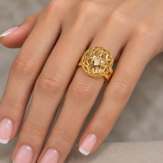 Oro Laminado Elegant Ring, Gold Filled Style Ball and Filigree Design, with White Crystal, Polished, Golden Finish