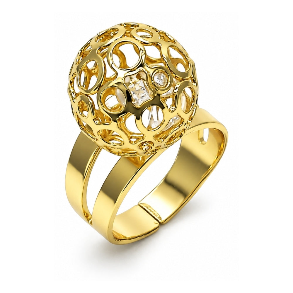 Oro Laminado Elegant Ring, Gold Filled Style Ball and Filigree Design, with White Crystal, Polished, Golden Finish