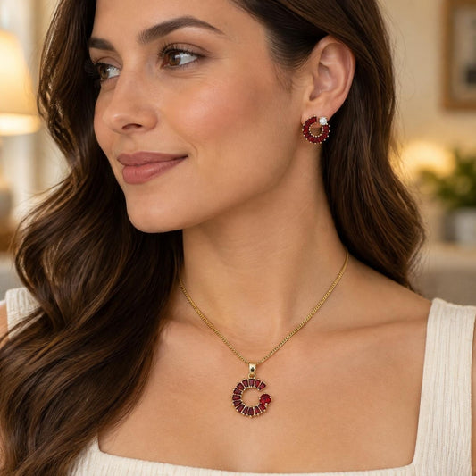 Oro Laminado Earring and Pendant Adult Set, Gold Filled Style Moon and Baguette Design, with Garnet and White Cubic Zirconia, Polished, Golden Finish