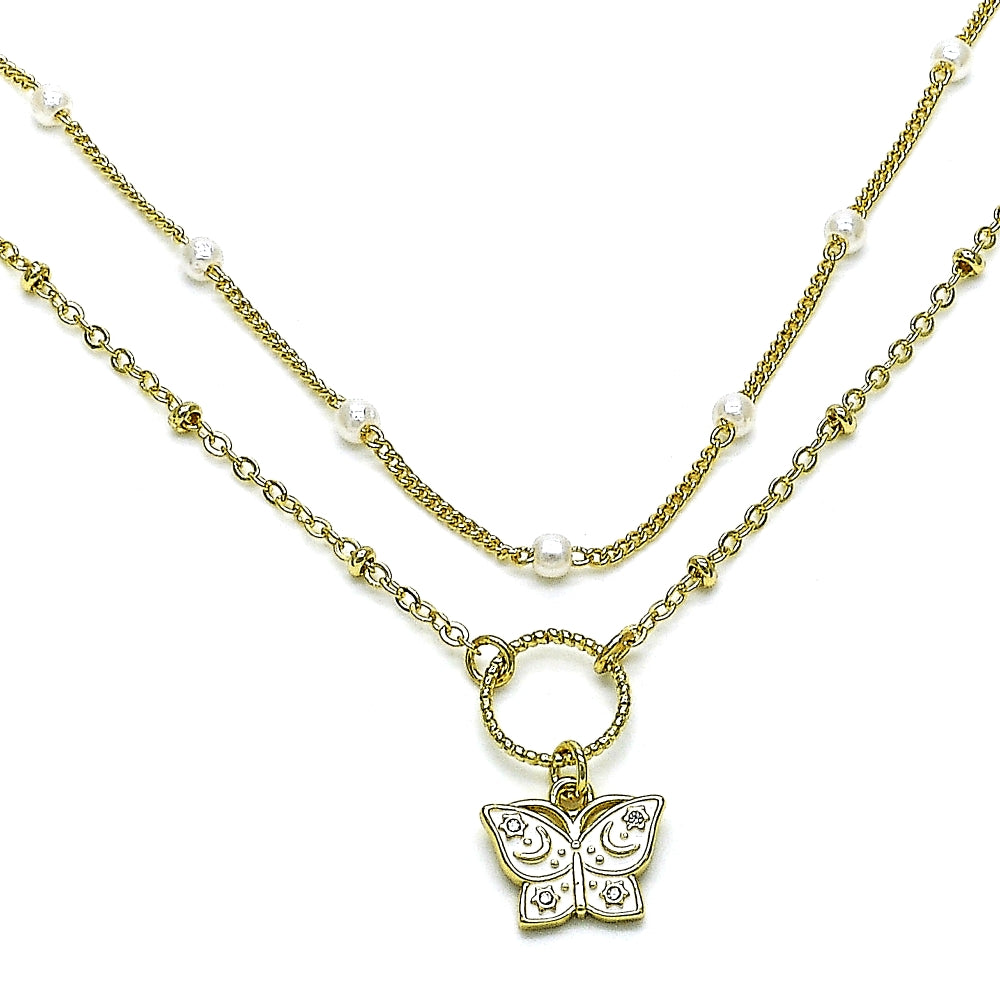 Oro Laminado Fancy Necklace, Gold Filled Style Butterfly and Moon Design, with White Micro Pave and Ivory Pearl, White Enamel Finish, Golden Finish
