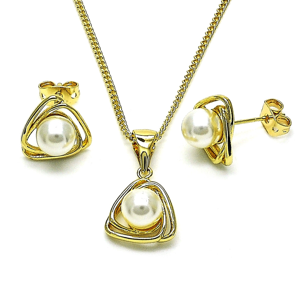 Oro Laminado Earring and Pendant Adult Set, Gold Filled Style with Ivory Pearl, Polished, Golden Finish