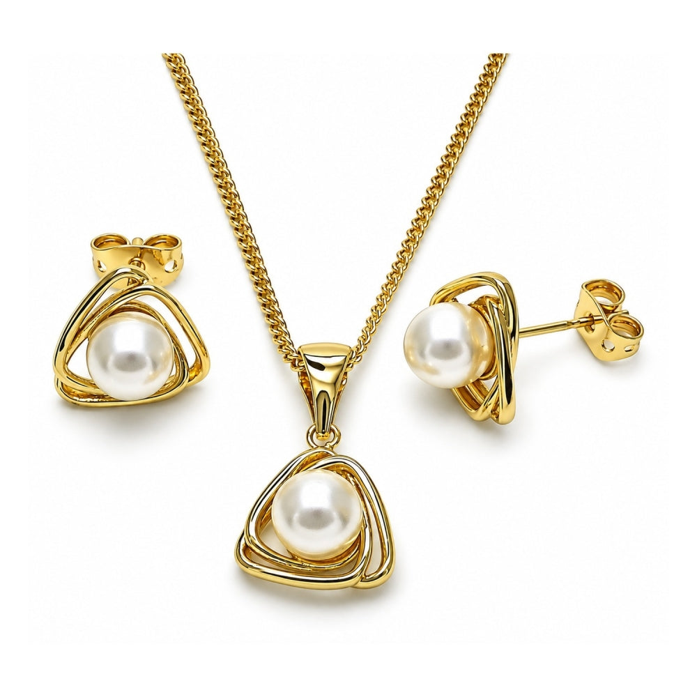 Oro Laminado Earring and Pendant Adult Set, Gold Filled Style with Ivory Pearl, Polished, Golden Finish