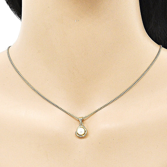 Oro Laminado Earring and Pendant Adult Set, Gold Filled Style Flower Design, with Ivory Pearl, Polished, Golden Finish