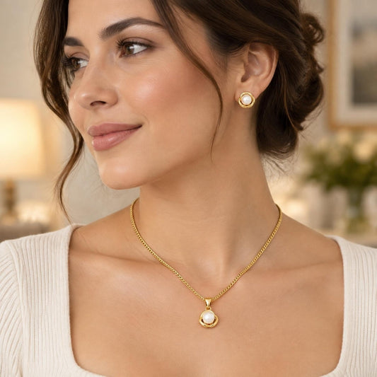 Oro Laminado Earring and Pendant Adult Set, Gold Filled Style Flower Design, with Ivory Pearl, Polished, Golden Finish