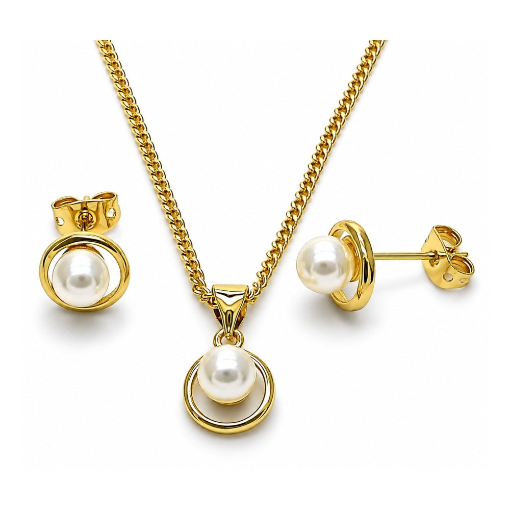 Oro Laminado Earring and Pendant Adult Set, Gold Filled Style with Ivory Pearl, Polished, Golden Finish