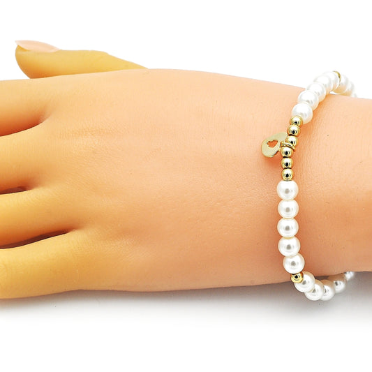 Oro Laminado Fancy Bracelet, Gold Filled Style Heart and Ball Design, with Ivory Pearl, Polished, Golden Finish
