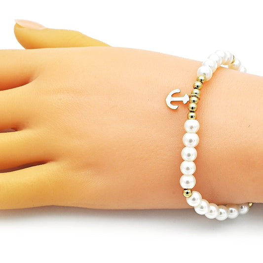 Oro Laminado Fancy Bracelet, Gold Filled Style Anchor and Ball Design, with Ivory Pearl, Polished, Golden Finish