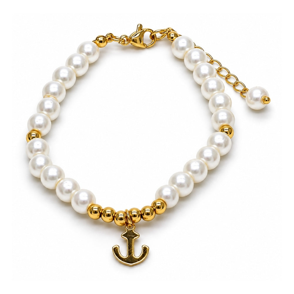 Oro Laminado Fancy Bracelet, Gold Filled Style Anchor and Ball Design, with Ivory Pearl, Polished, Golden Finish
