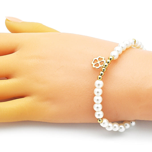 Oro Laminado Fancy Bracelet, Gold Filled Style Four-leaf Clover and Ball Design, with Ivory Pearl, Polished, Golden Finish