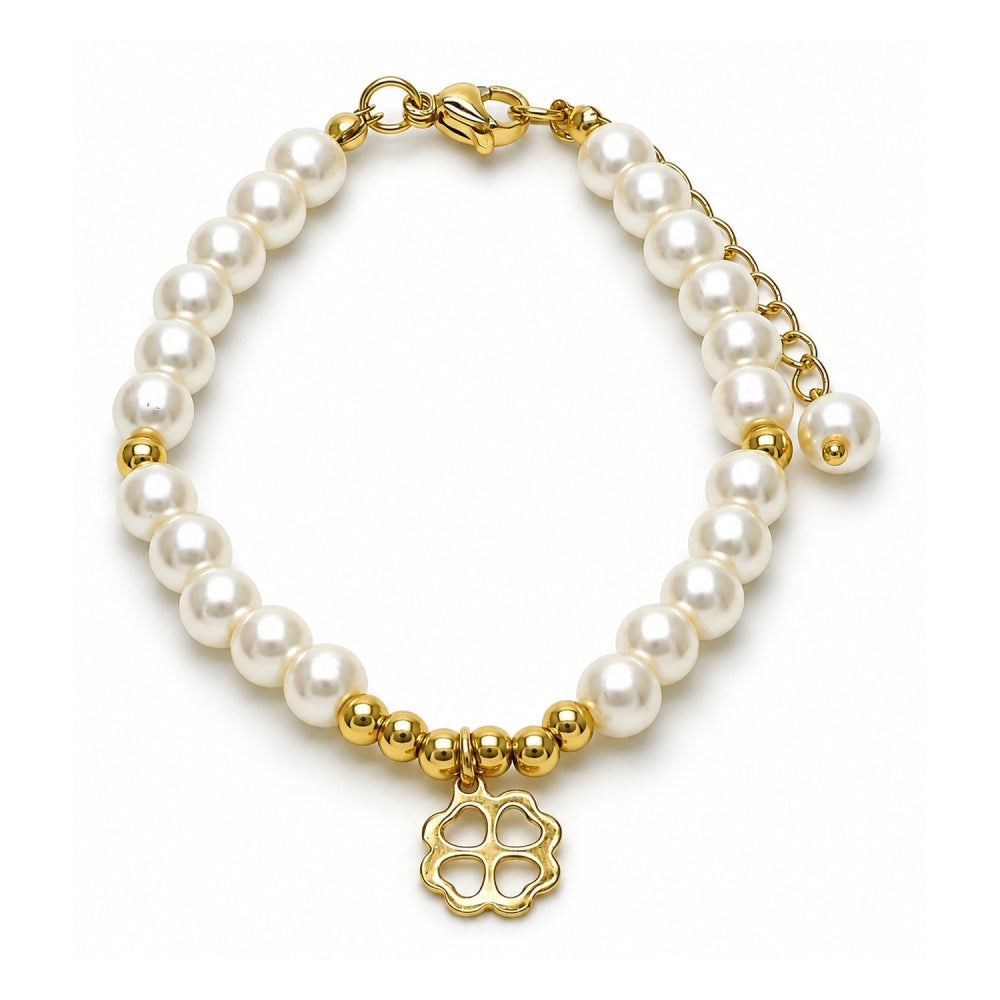 Oro Laminado Fancy Bracelet, Gold Filled Style Four-leaf Clover and Ball Design, with Ivory Pearl, Polished, Golden Finish