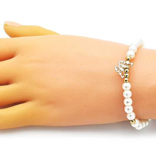 Oro Laminado Fancy Bracelet, Gold Filled Style Butterfly and Ball Design, with Ivory Pearl, Polished, Golden Finish
