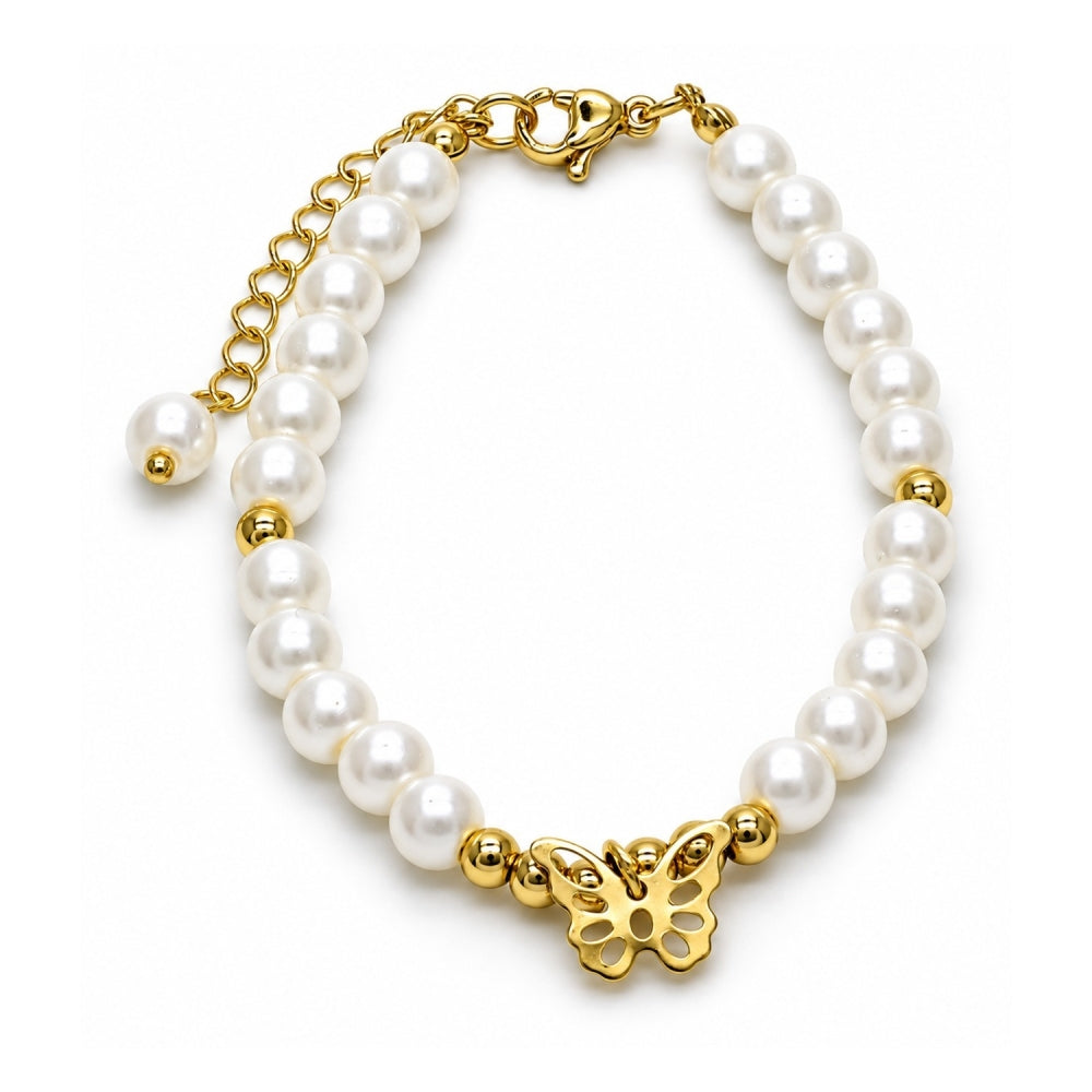 Oro Laminado Fancy Bracelet, Gold Filled Style Butterfly and Ball Design, with Ivory Pearl, Polished, Golden Finish